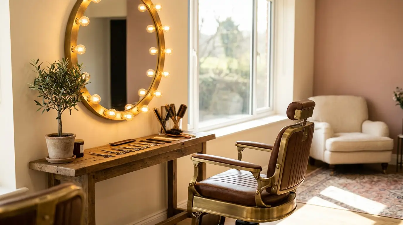 Eleganter Friseursalon mit Stylingstuhl und rundem Spiegel