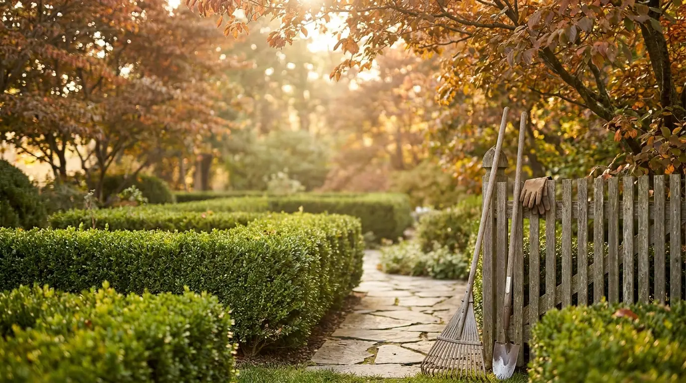 Gepflegter Garten mit Natursteinweg im goldenen Licht