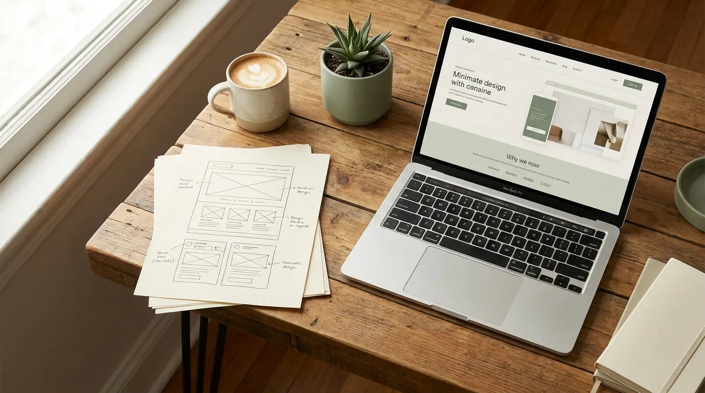 Arbeitsplatz mit Website-Skizzen und Laptop, an dem ein neuer Online-Auftritt entsteht